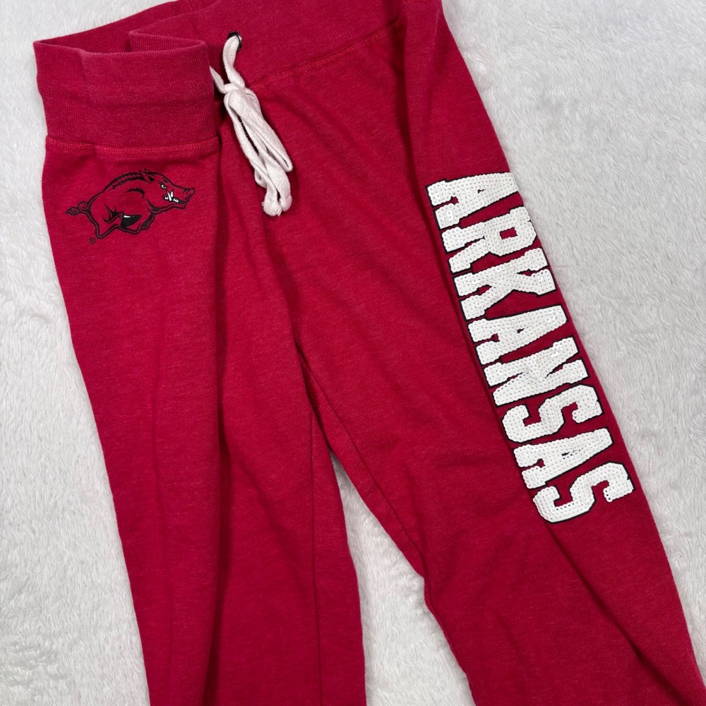 Arkansas Razorbacks Jogger Women M Red Sequin Spellout Sweat Pant Colosseum RARE